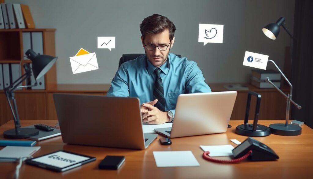 Small business owner overwhelmed by multiple communication channels including social media, email, and phone calls