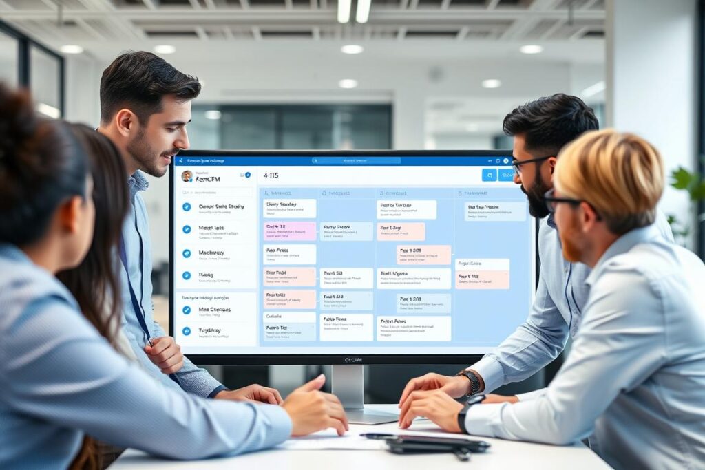 Team using online workspace for project management