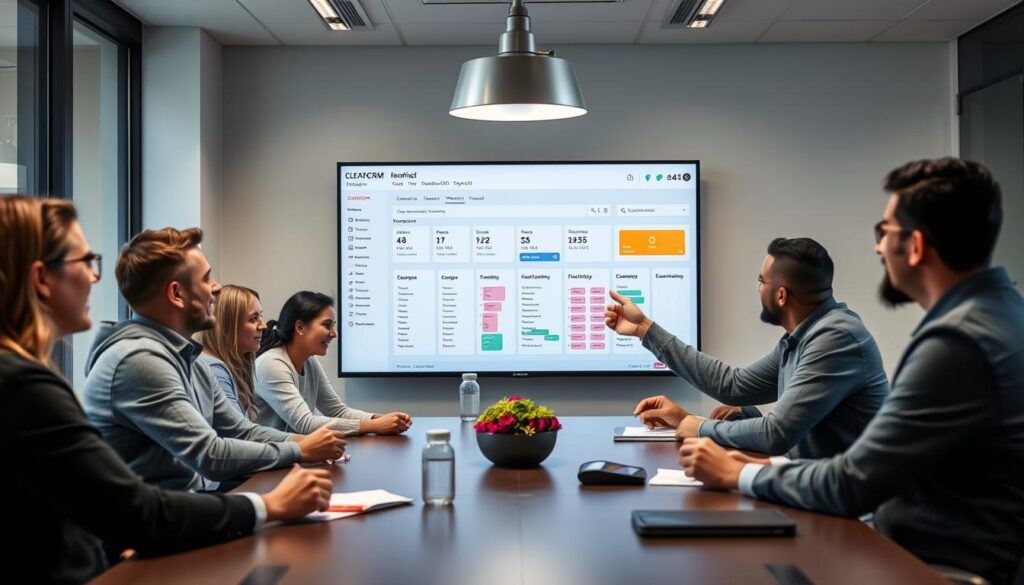 Apex Creative team meeting using ClearCRM on large screen