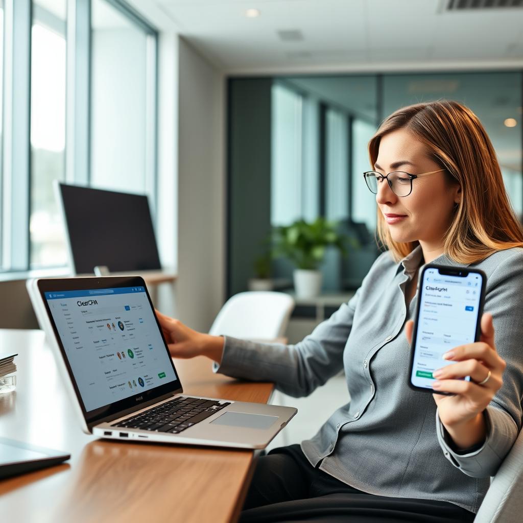 Business professional accessing ClearCRM with single login on laptop and mobile Business professional accessing ClearCRM with single login on laptop and mobile