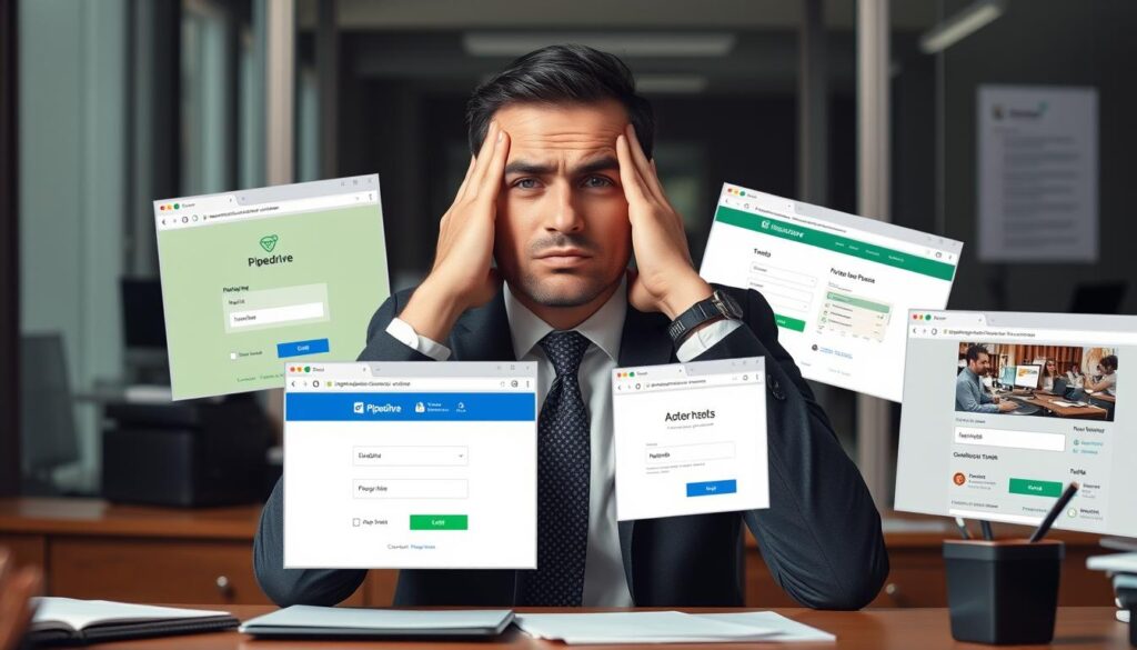 Frustrated business professional managing multiple login screens including Pipedrive login page