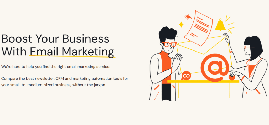 Illustration of two marketers planning email marketing strategy with email icon.